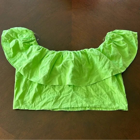 A New Day | Linen Blend Lime Green Off-Shoulder Crop Top - Picture 3 of 10